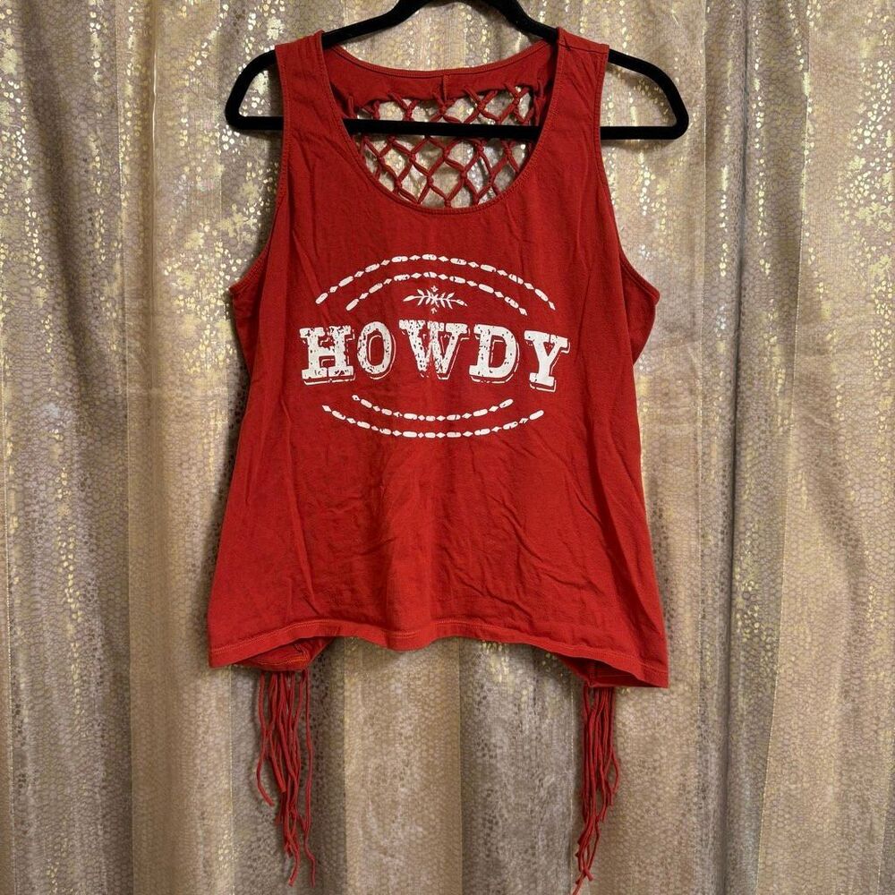 Shyanne Burnt Orange Western Howdy Crochet Back Fringe Tank Top XL